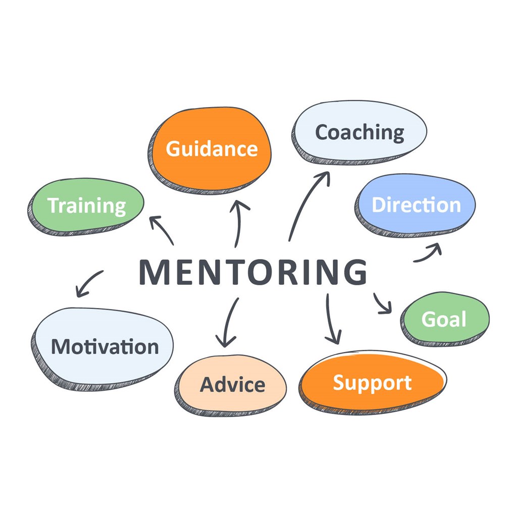 Image: Mind map Centre: "Mentoring" Words around it: Training, Coaching, Direction, Goal, Support, Advice and Guidance