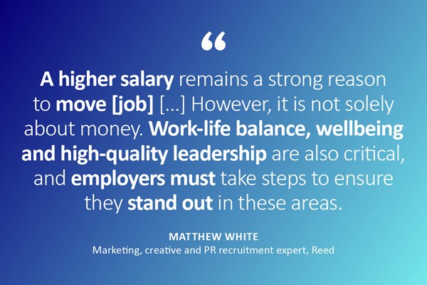 Quote: "A higher salary remains a string reason to move [job][...] However, it is not solely about money. Work-life balance, wellbeing and high-quality leadership are also critical, and employers must take steps to ensure they stand out in these areas." - Matthew White, Marketing, creative and PR recruitment expert, Reed.
