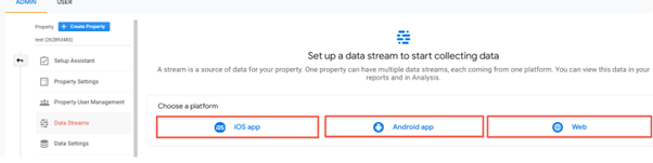 Screenshot of Google Analytics 4 'set up a data stream to start collecting data', with three platforms highlighted: IOS App, Android App, Web.