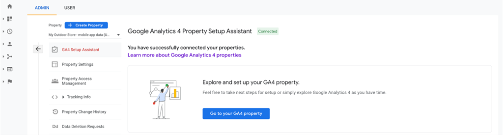 Further screenshot showing the Google Analytics 4 Property Setup Assistant', showing 'you have successfully connected your properties' and offering a button to 'explore and set up you GA4 property'