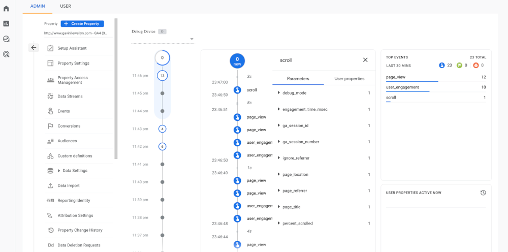 Screenshot of Google Analytics 4 'DebugView', showing real-time site statistics of event triggers and parameters