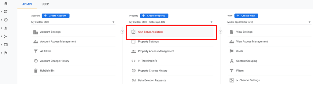 Screenshot of the Google Analytics 4 admin section, showing the GA4 Setup assistant highlighted. It is the first option under 'property'