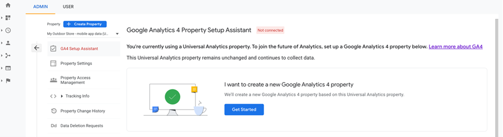 Screenshot showing the Google Analytics 4 Property Setup assistant, including a blue button that says 'I want to create a new Google Analytics 4 property'